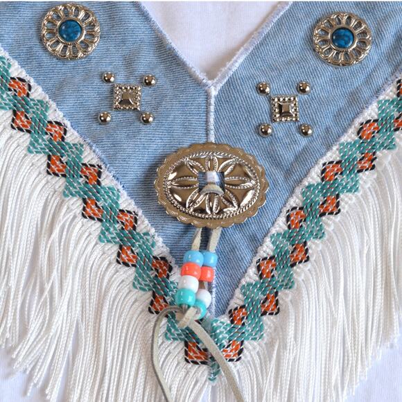 Vintage 80s Boho Southwestern Fringe Navajo Boxy Top - One Size Fits Most - Picture 4 of 7